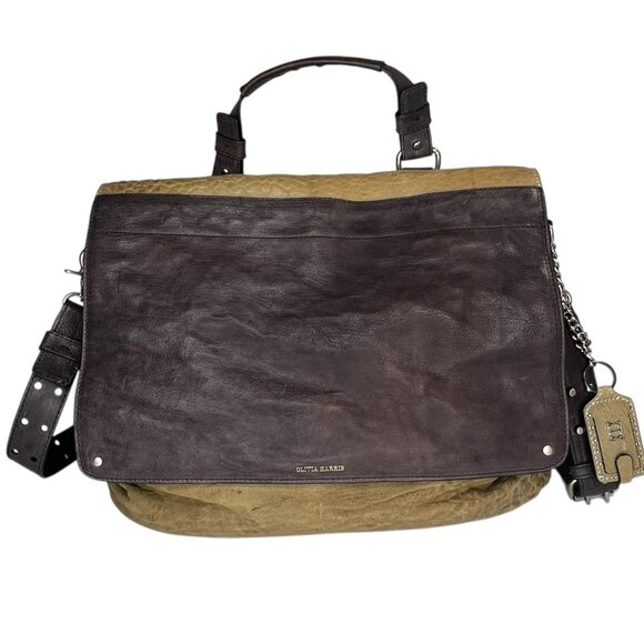 Olivia Harris Large Leather Flap Crossbody Bag Top Handle Croc Two Tone Brown - Picture 1 of 16